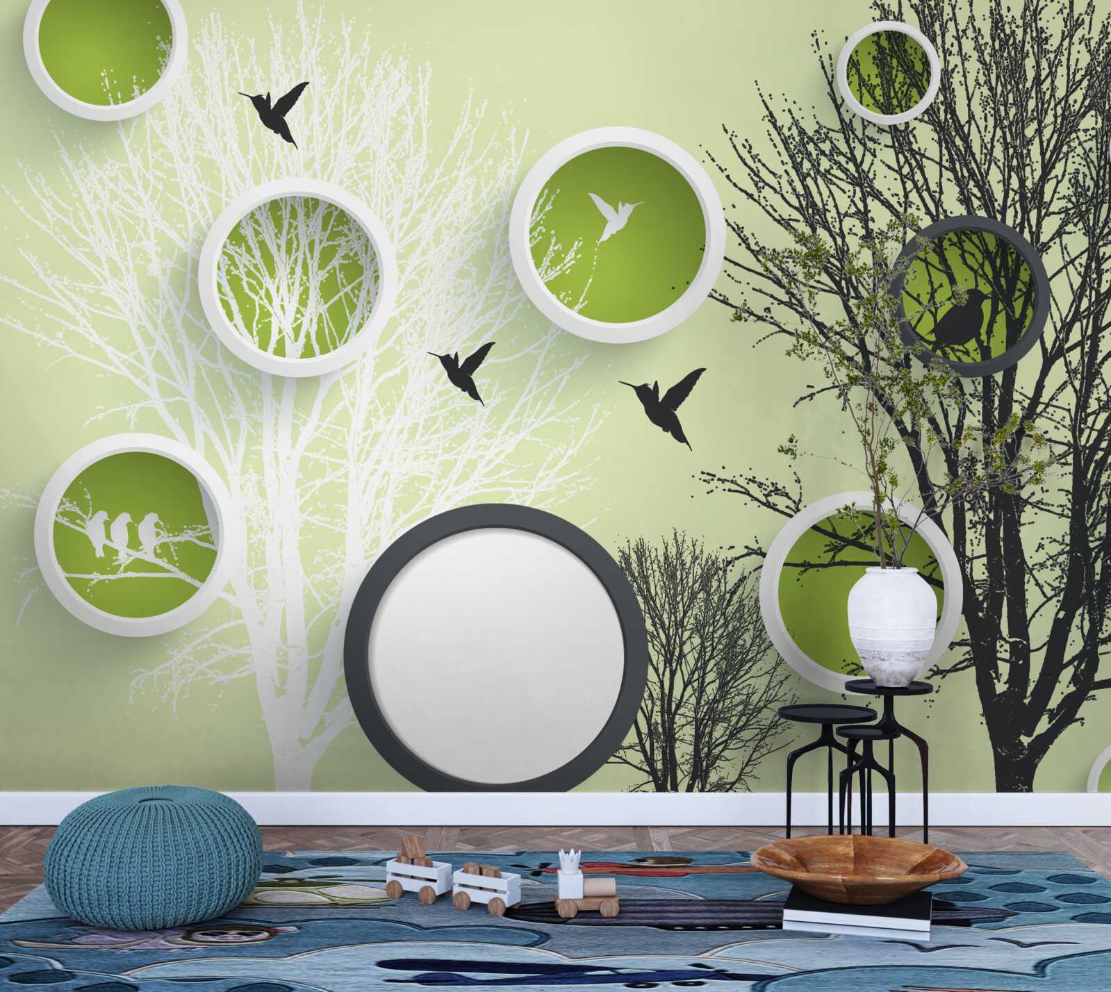 Papier peint arbres nus et oiseaux