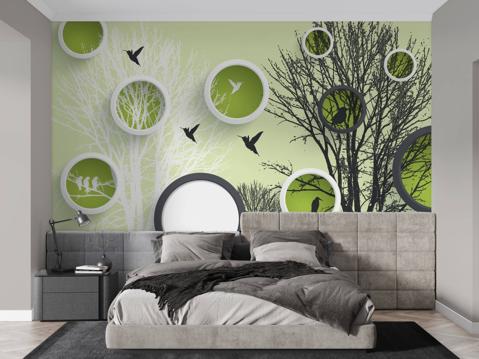 Papier peint arbres nus et oiseaux