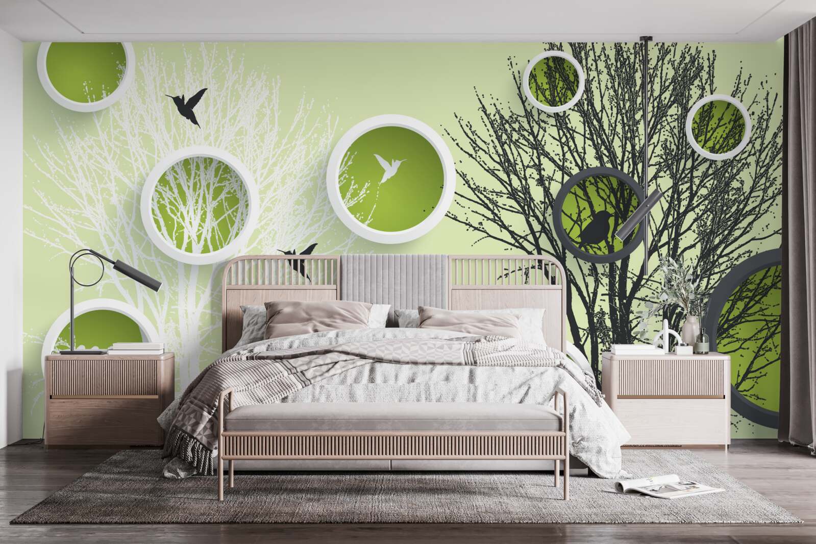 Papier peint arbres nus et oiseaux