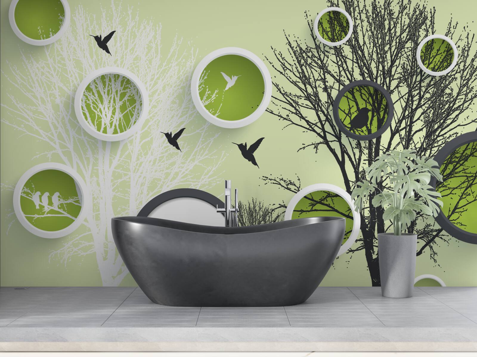 Papier peint arbres nus et oiseaux
