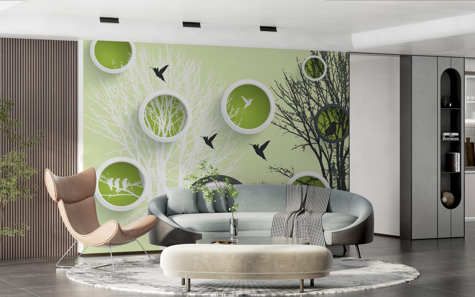 Papier peint arbres nus et oiseaux