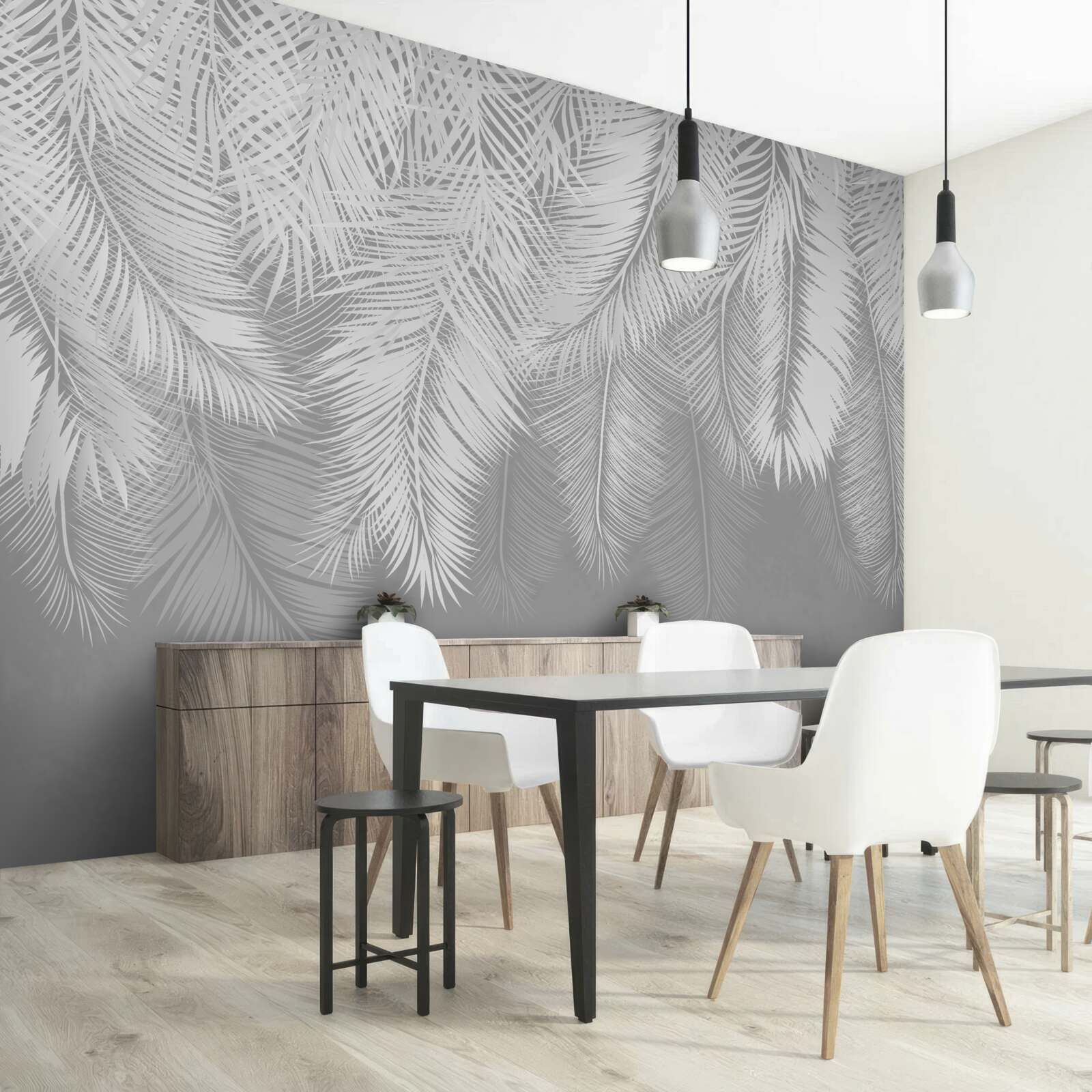 Papier peint feuilles de palmier en nuances de gris