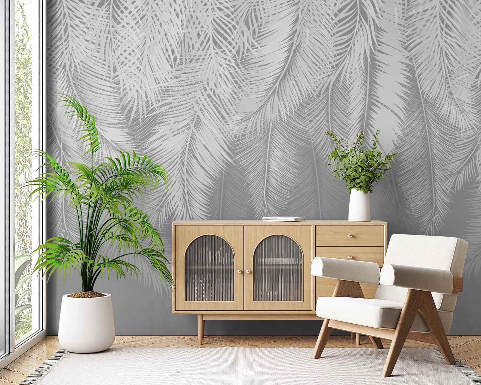 Papier peint feuilles de palmier en nuances de gris