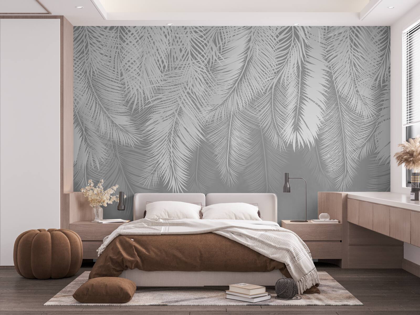 Papier peint feuilles de palmier en nuances de gris