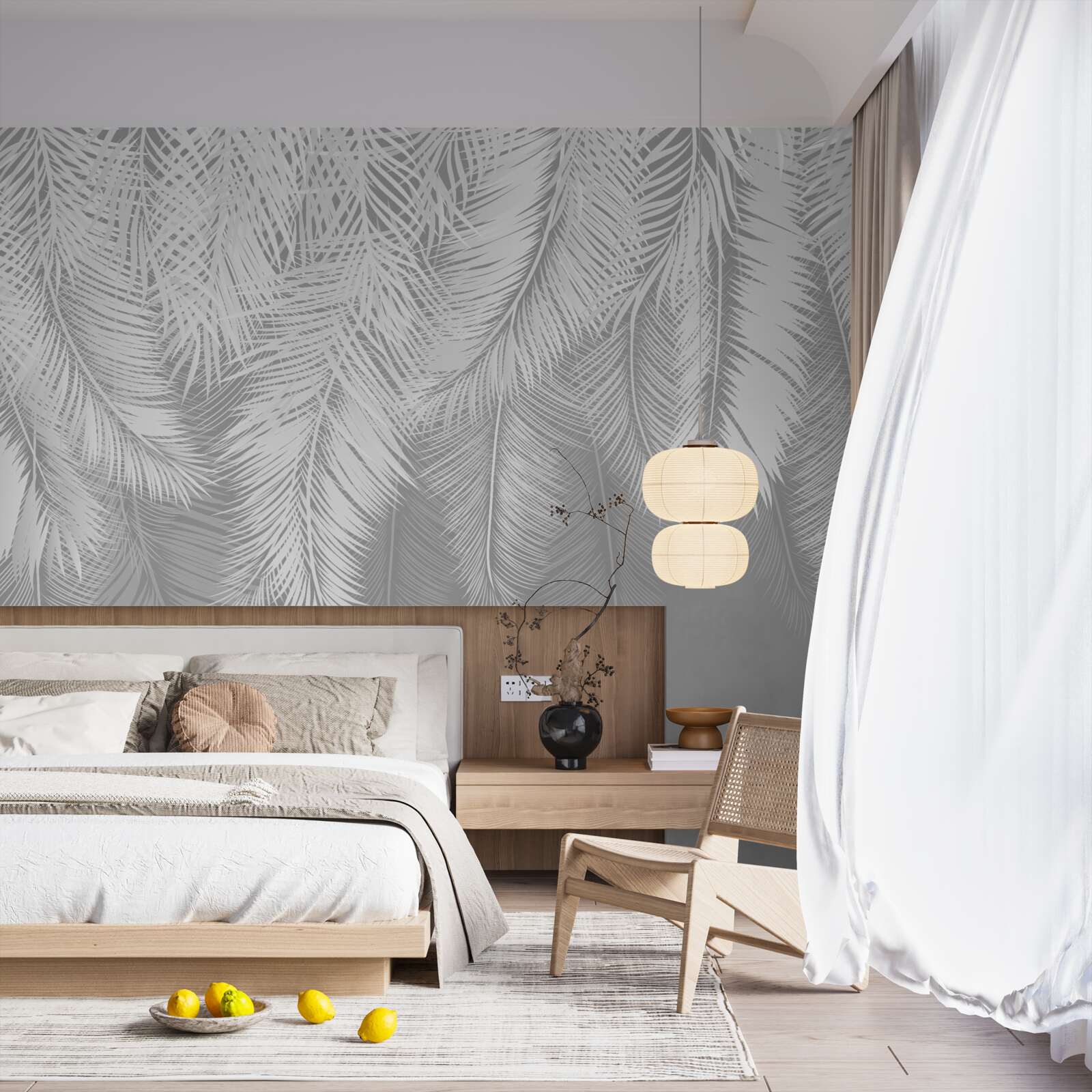 Papier peint feuilles de palmier en nuances de gris