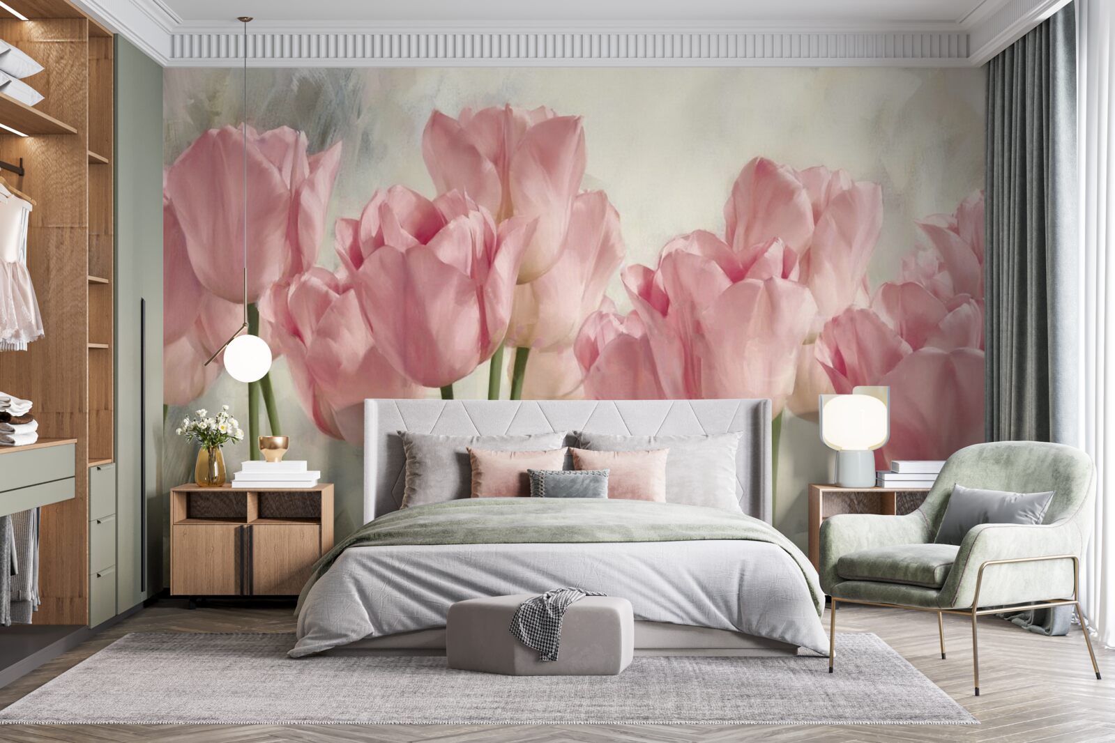 Papier peint bourgeons de tulipe rose vif