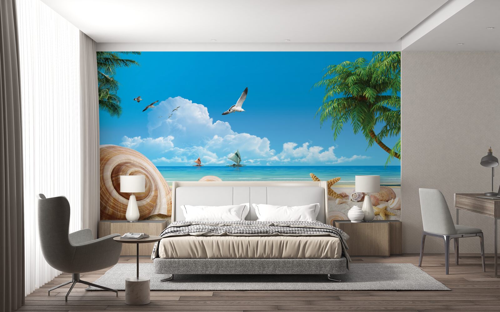 Papier peint rivage parsemé de coquillages et d'étoiles de mer