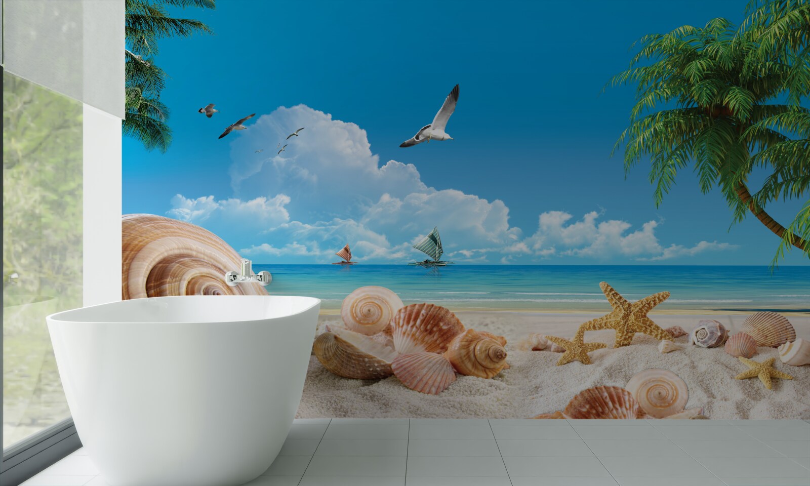 Papier peint rivage parsemé de coquillages et d'étoiles de mer