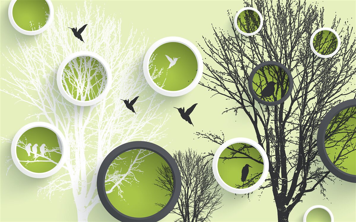 Papier peint arbres, oiseaux et anneaux