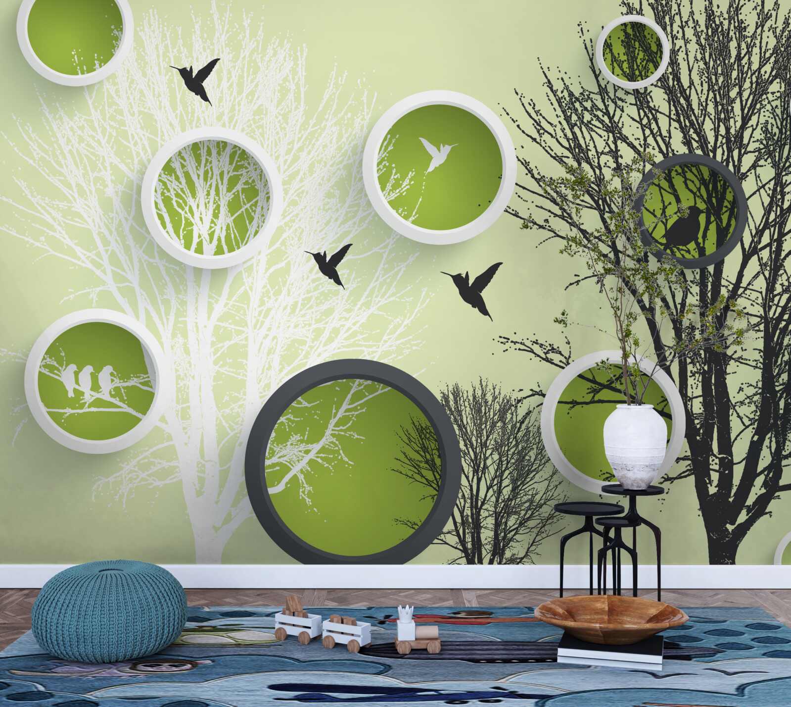 Papier peint arbres, oiseaux et anneaux