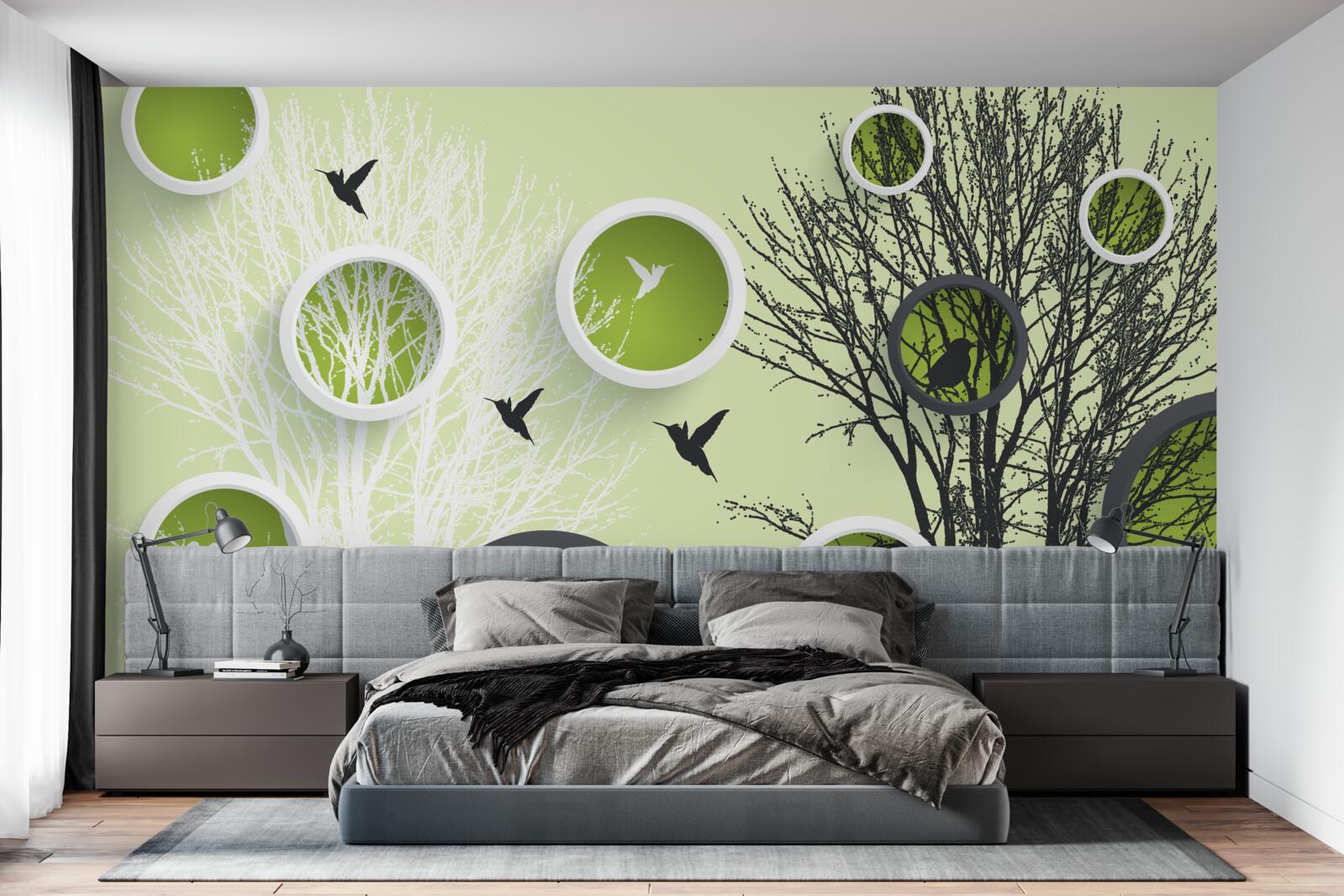 Papier peint arbres, oiseaux et anneaux