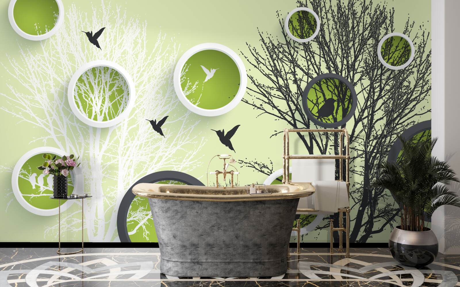 Papier peint arbres, oiseaux et anneaux