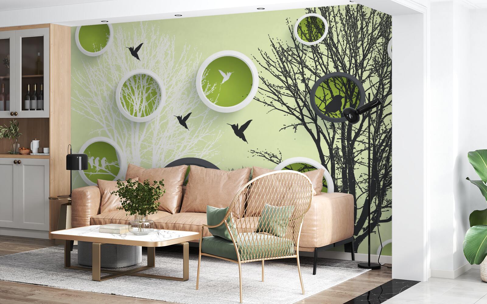 Papier peint arbres, oiseaux et anneaux