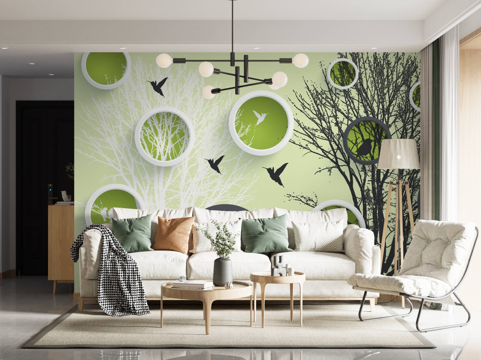 Papier peint arbres, oiseaux et anneaux