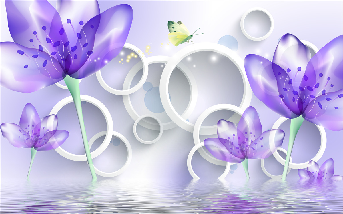 Papier peint des fleurs violettes fantastiques et des cercles blancs comme neige