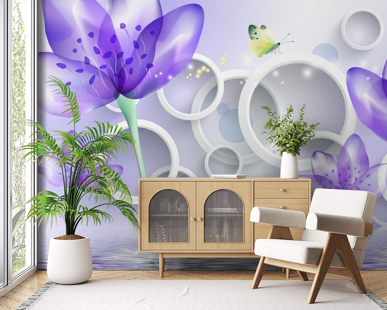 Papier peint des fleurs violettes fantastiques et des cercles blancs comme neige