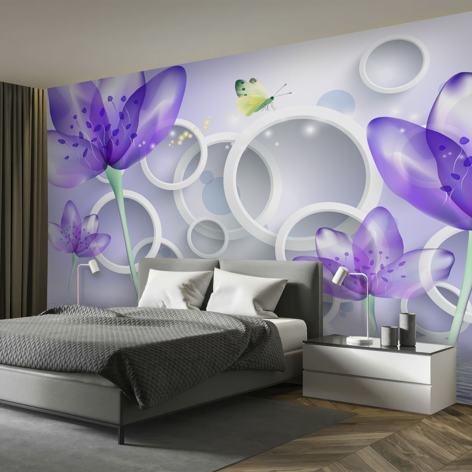 Papier peint des fleurs violettes fantastiques et des cercles blancs comme neige