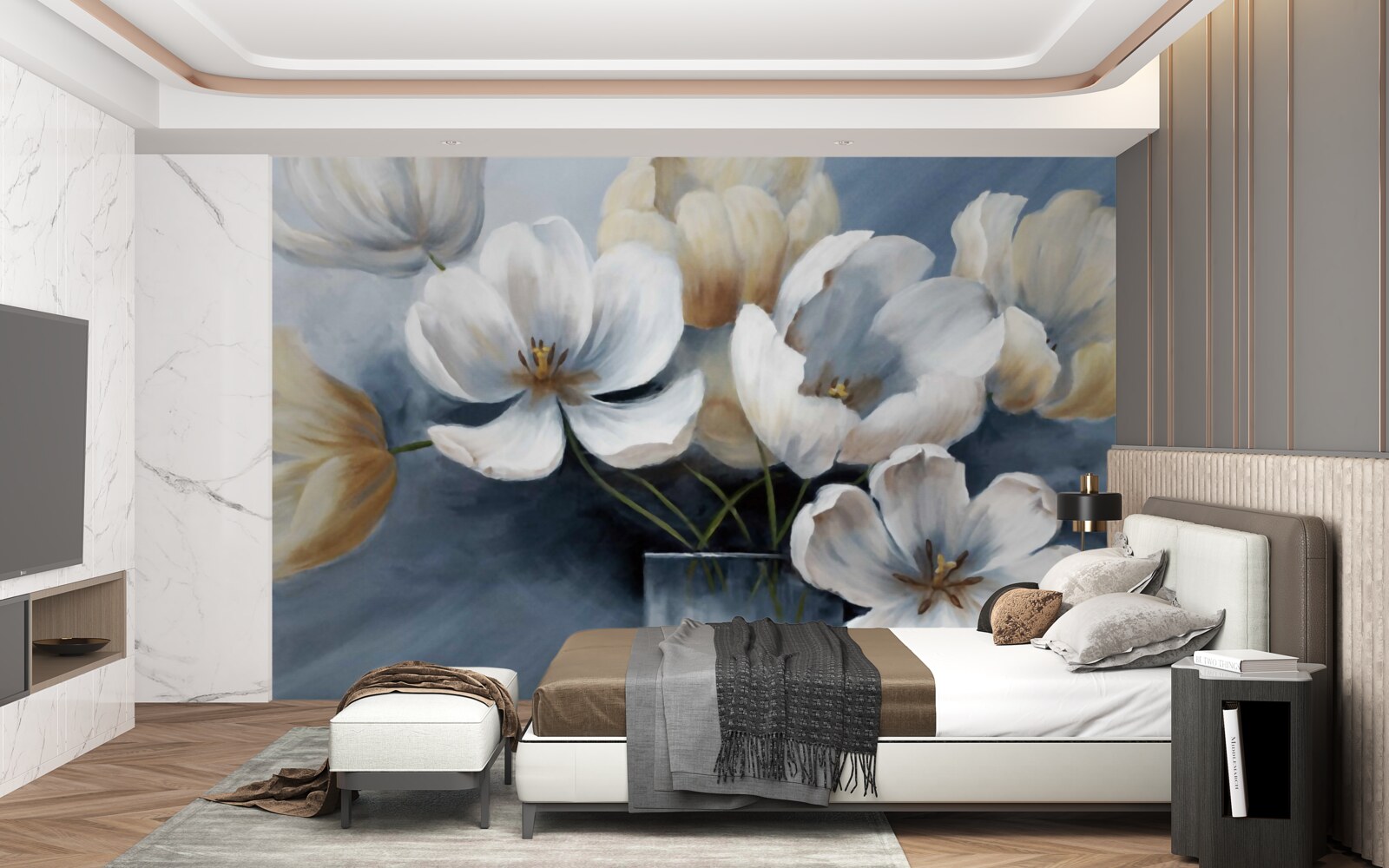 Papier peint peinture avec de grandes fleurs lumineuses