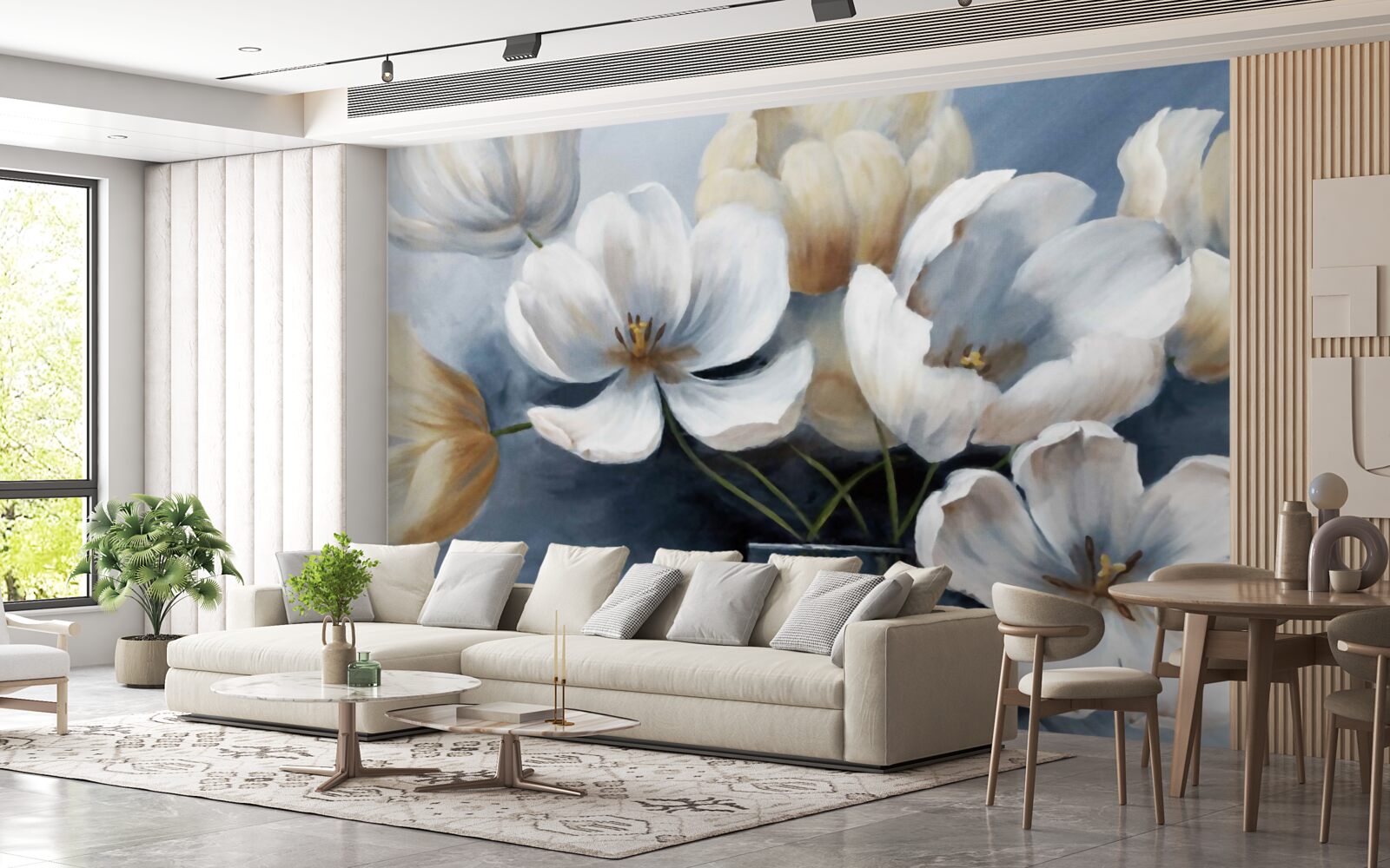 Papier peint peinture avec de grandes fleurs lumineuses