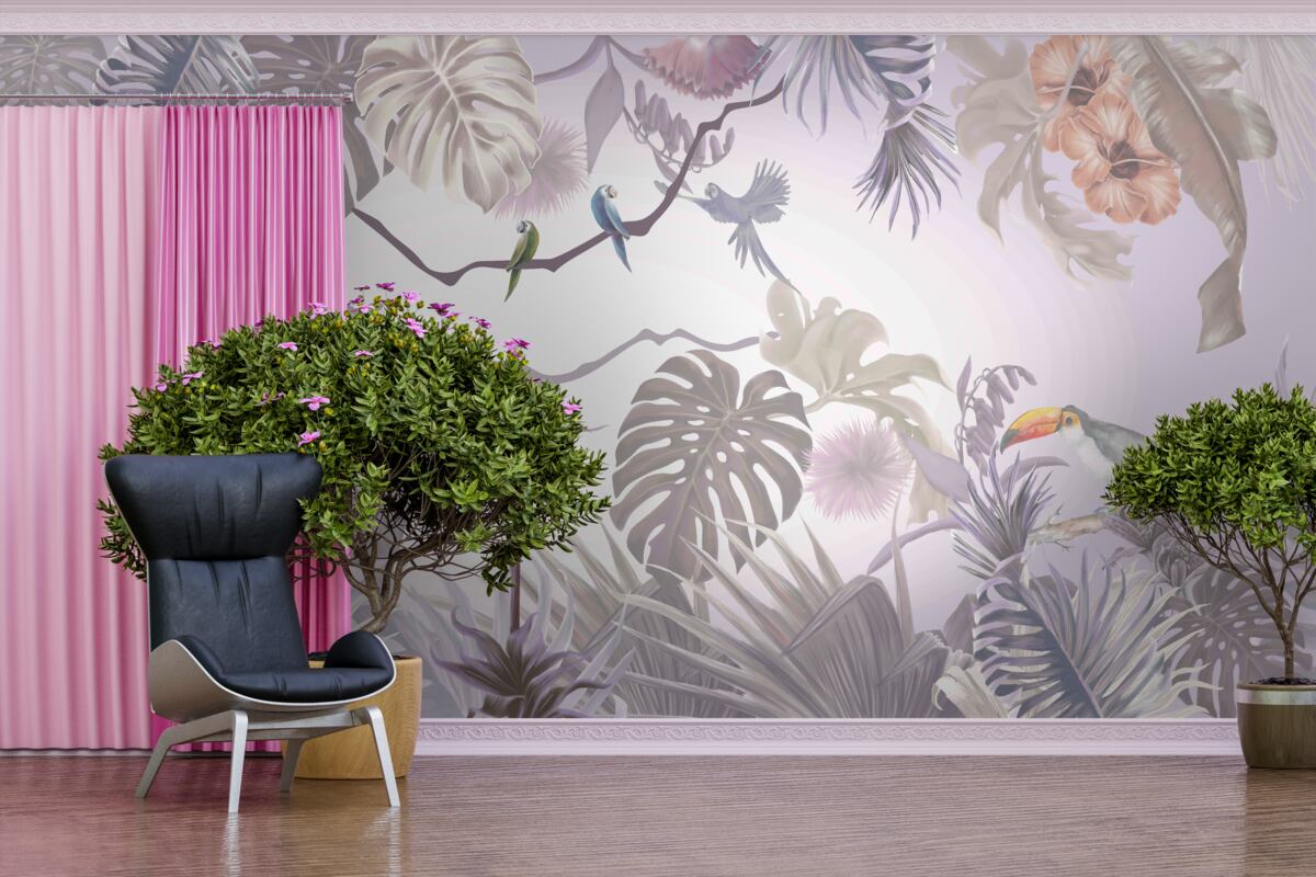 Papier peint toucans et perroquets parmi les feuilles de palmier