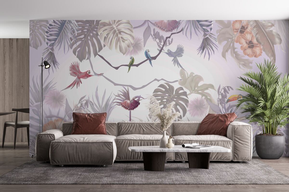 Papier peint toucans et perroquets parmi les feuilles de palmier