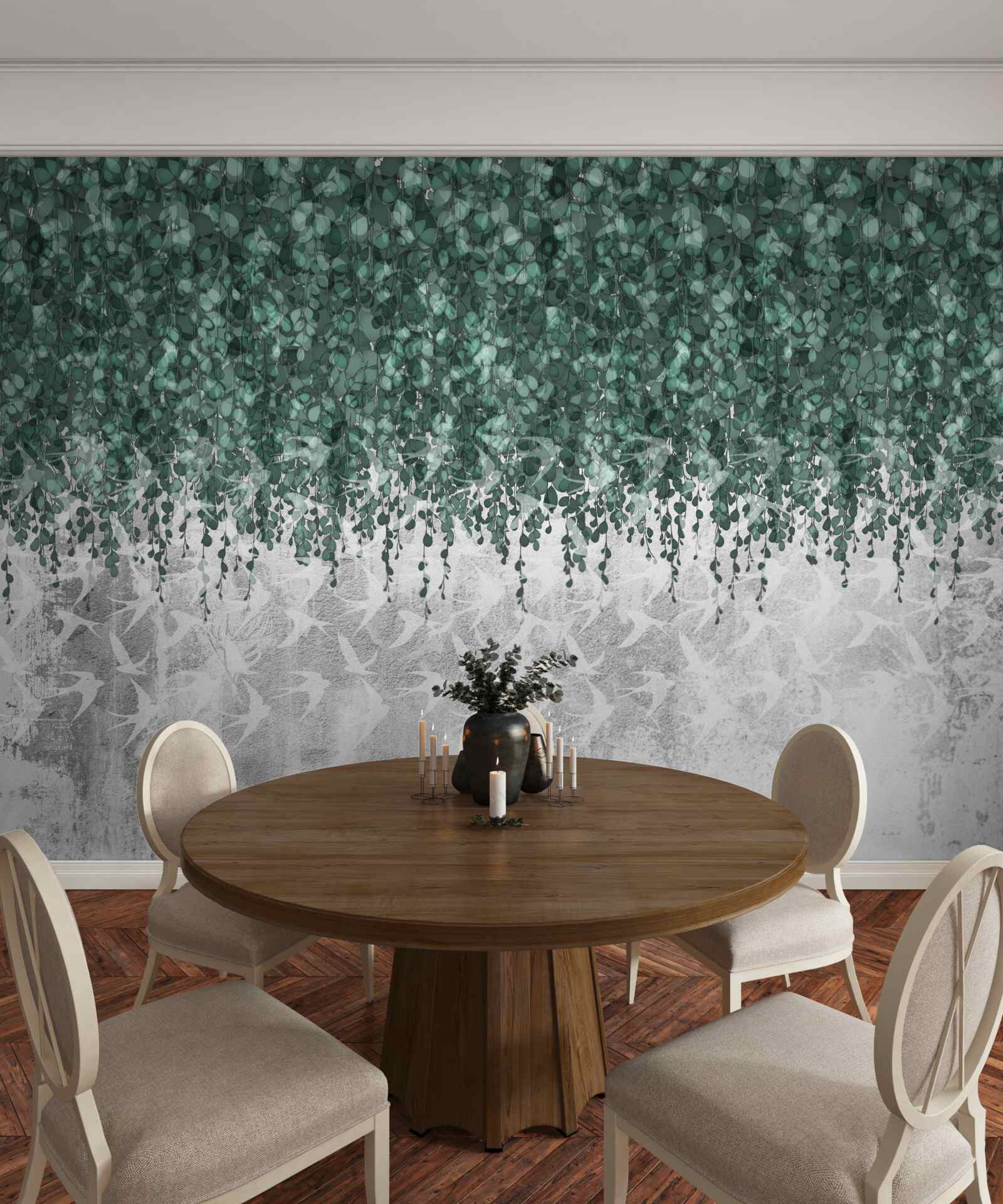 Papier peint branches abondantes, vertes et retombantes