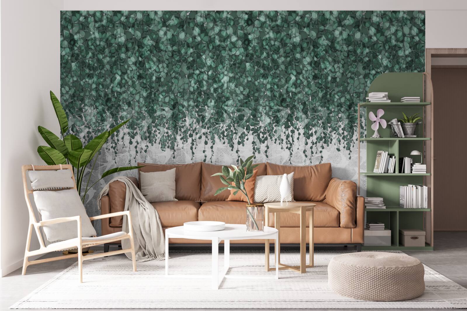 Papier peint branches abondantes, vertes et retombantes