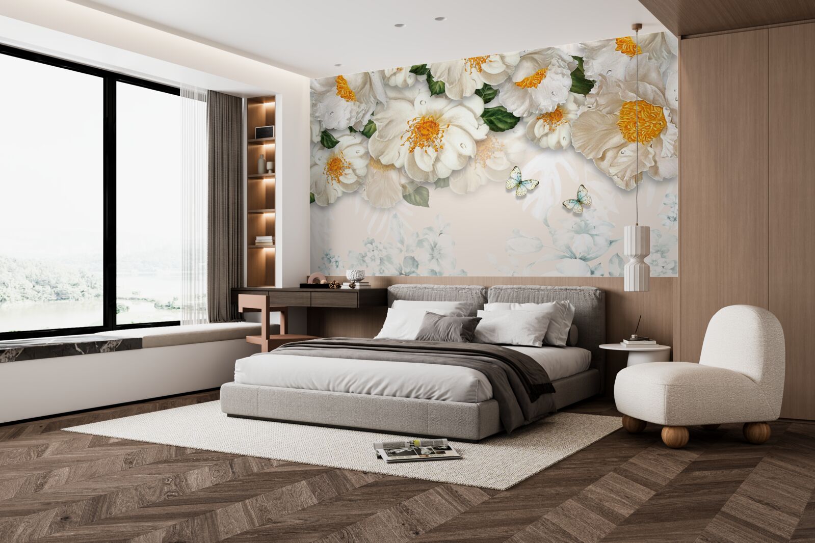 Papier peint grandes fleurs blanches avec un centre jaune
