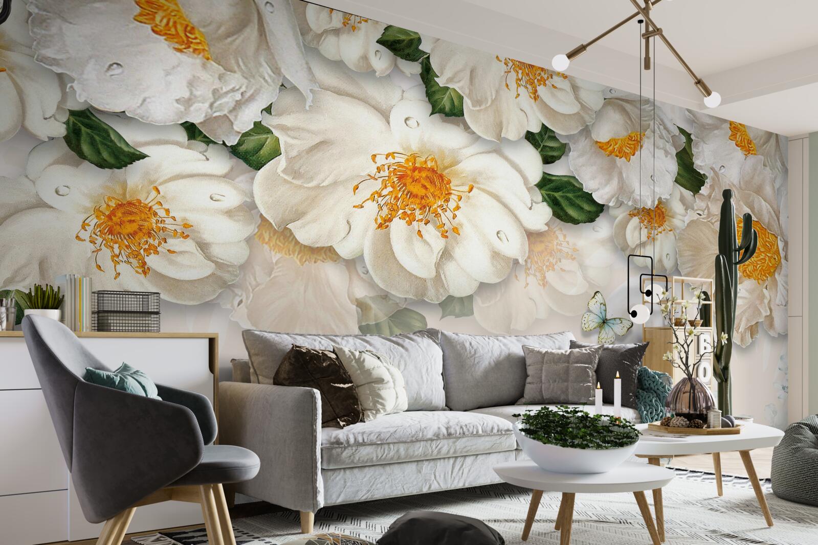 Papier peint grandes fleurs blanches avec un centre jaune