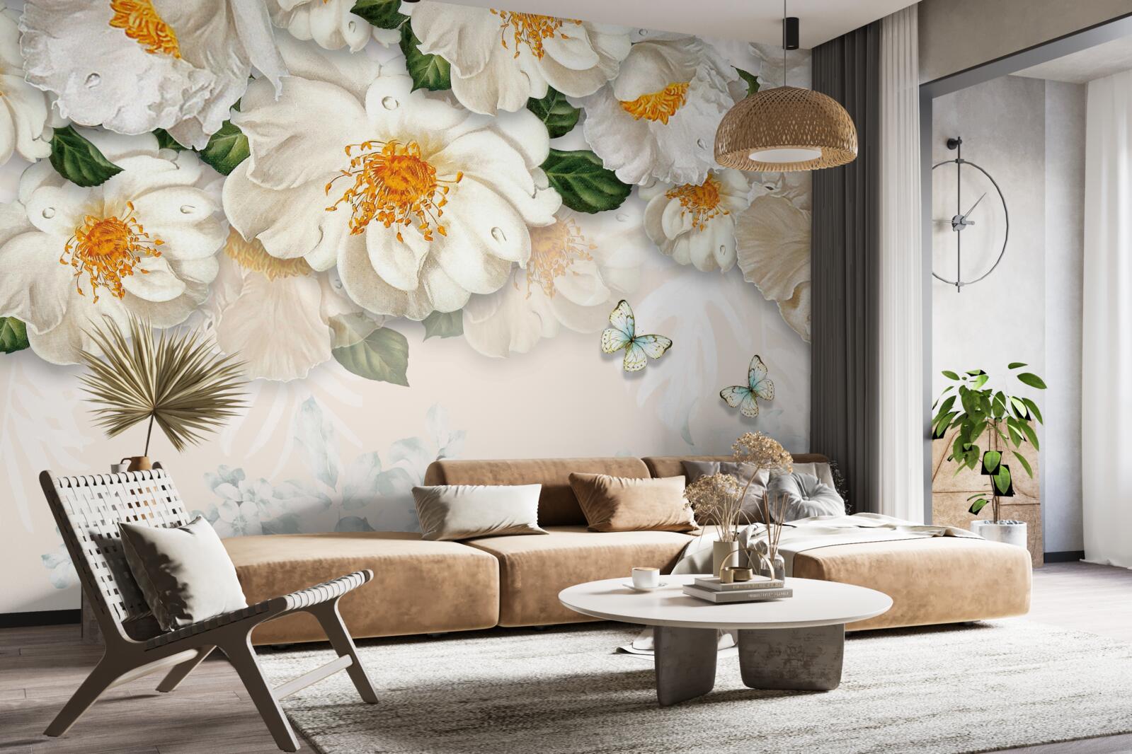 Papier peint grandes fleurs blanches avec un centre jaune