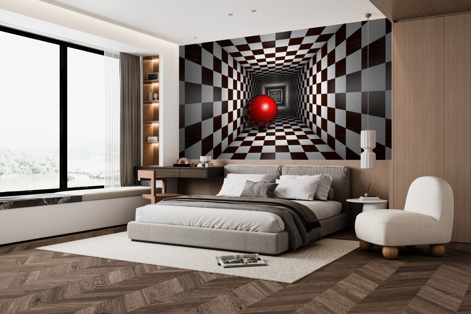 Papier peint une boule rouge dans un couloir décoré comme un échiquier