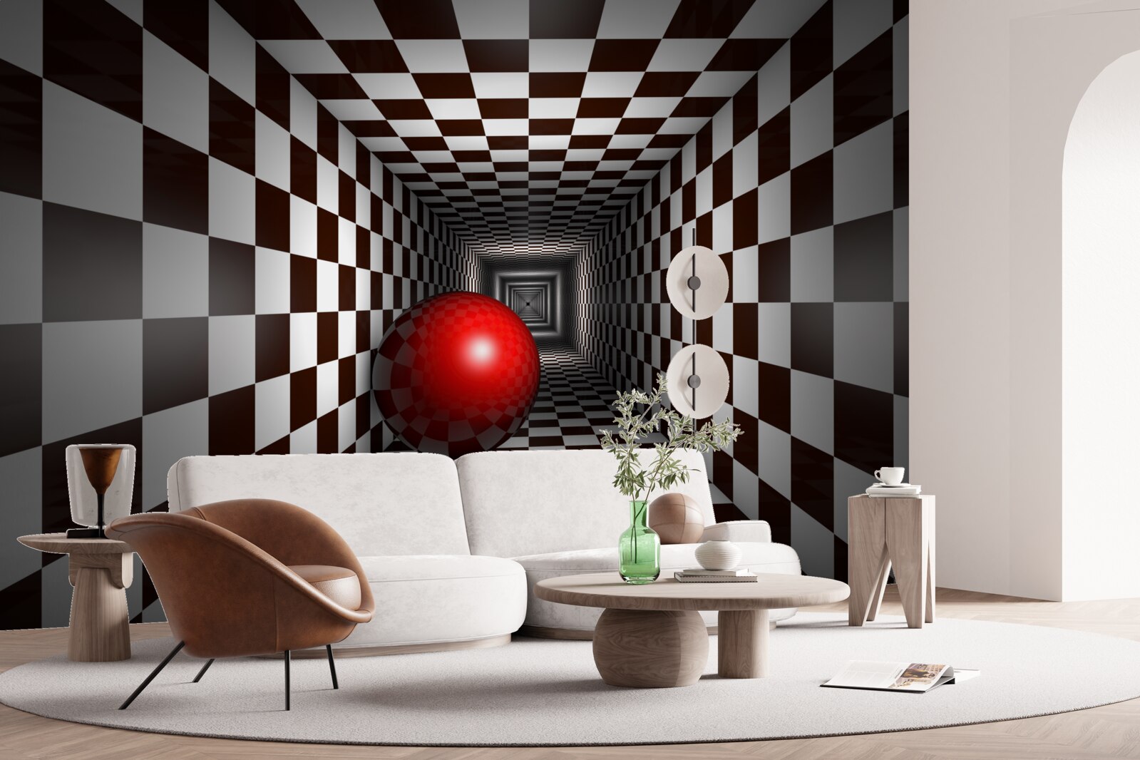 Papier peint une boule rouge dans un couloir décoré comme un échiquier