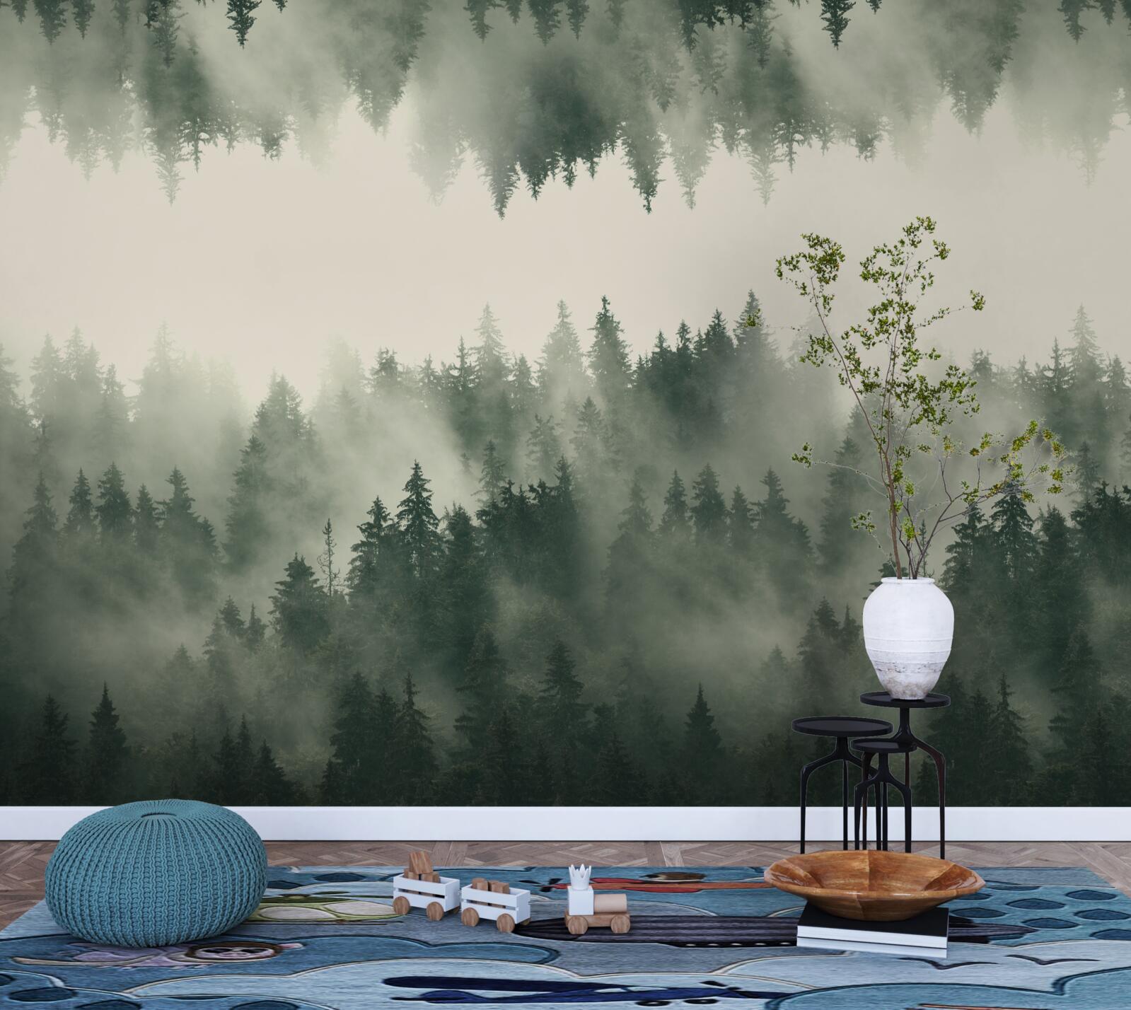 Papier peint forêt brumeuse avec une végétation dense