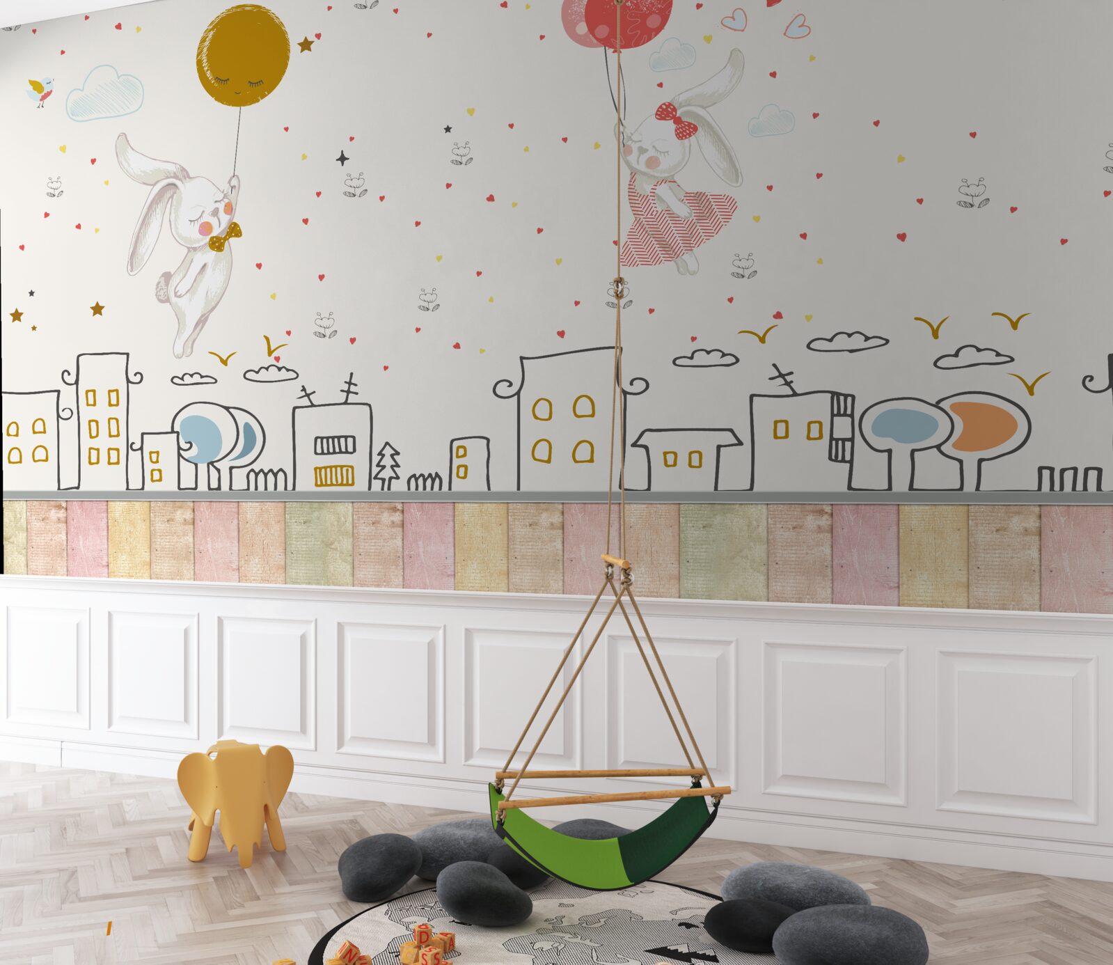 Papier peint lapins sur ballons
