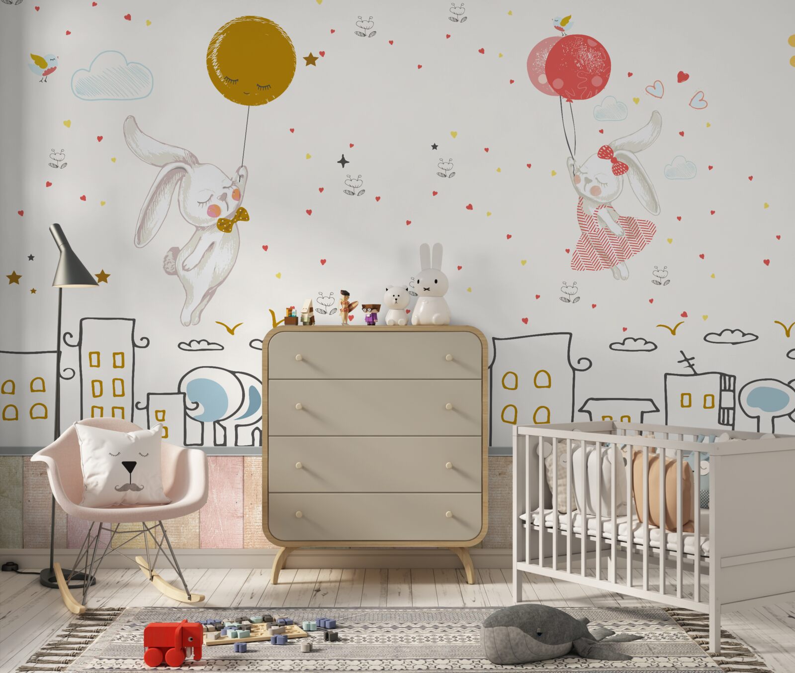 Papier peint lapins sur ballons