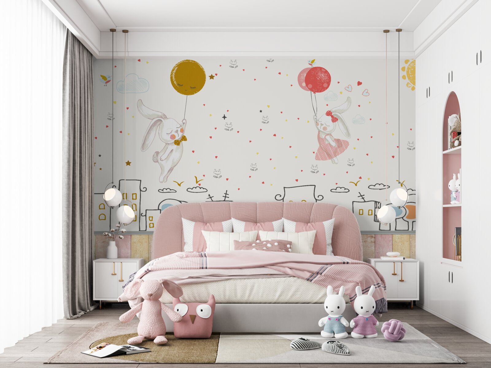 Papier peint lapins sur ballons