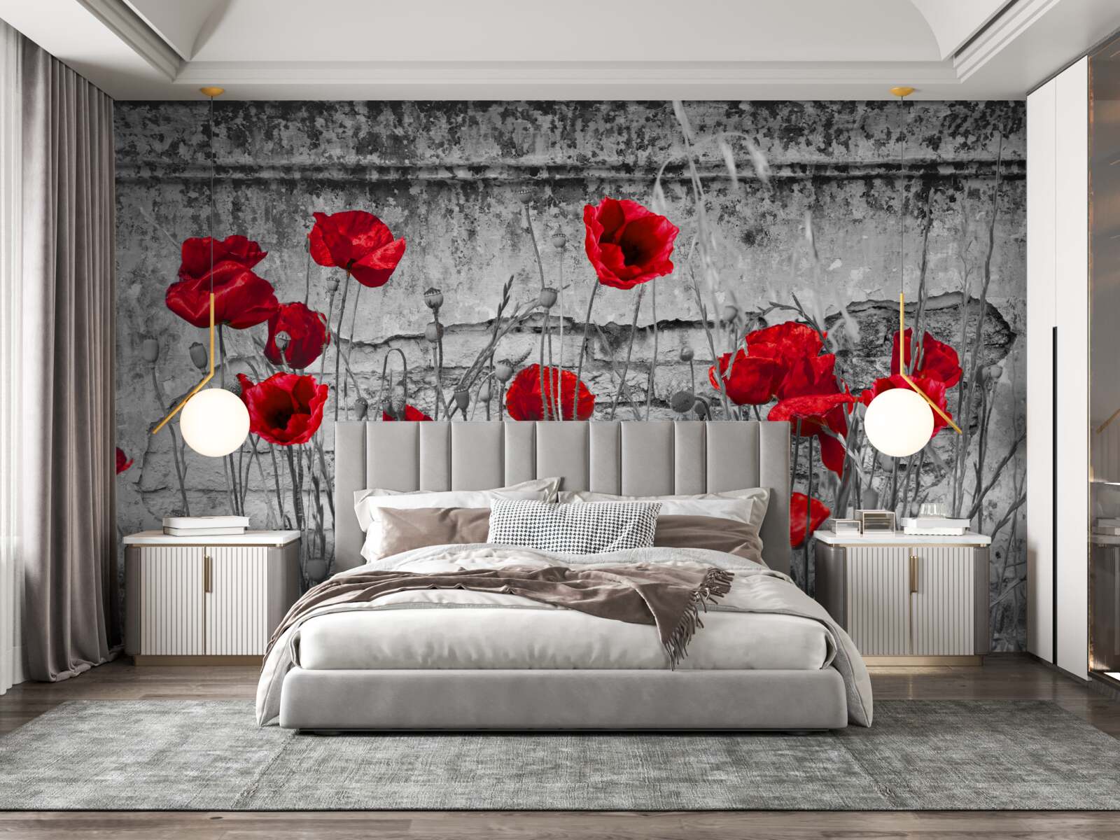 Papier peint coquelicots écarlates sur fond gris