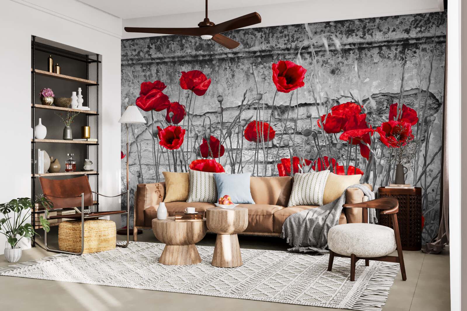 Papier peint coquelicots écarlates sur fond gris