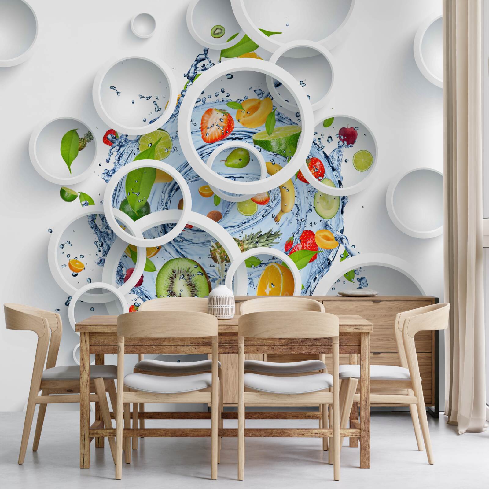 Papier peint cercles blancs et fruits