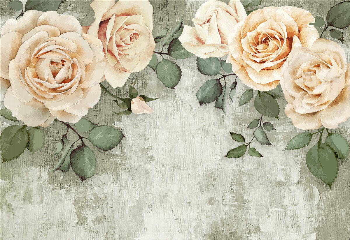 Papier peint roses crème à grandes feuilles vertes
