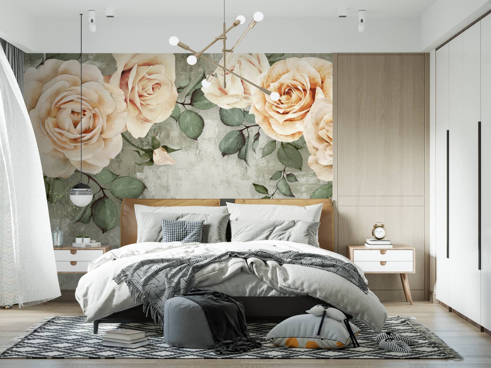 Papier peint roses crème à grandes feuilles vertes