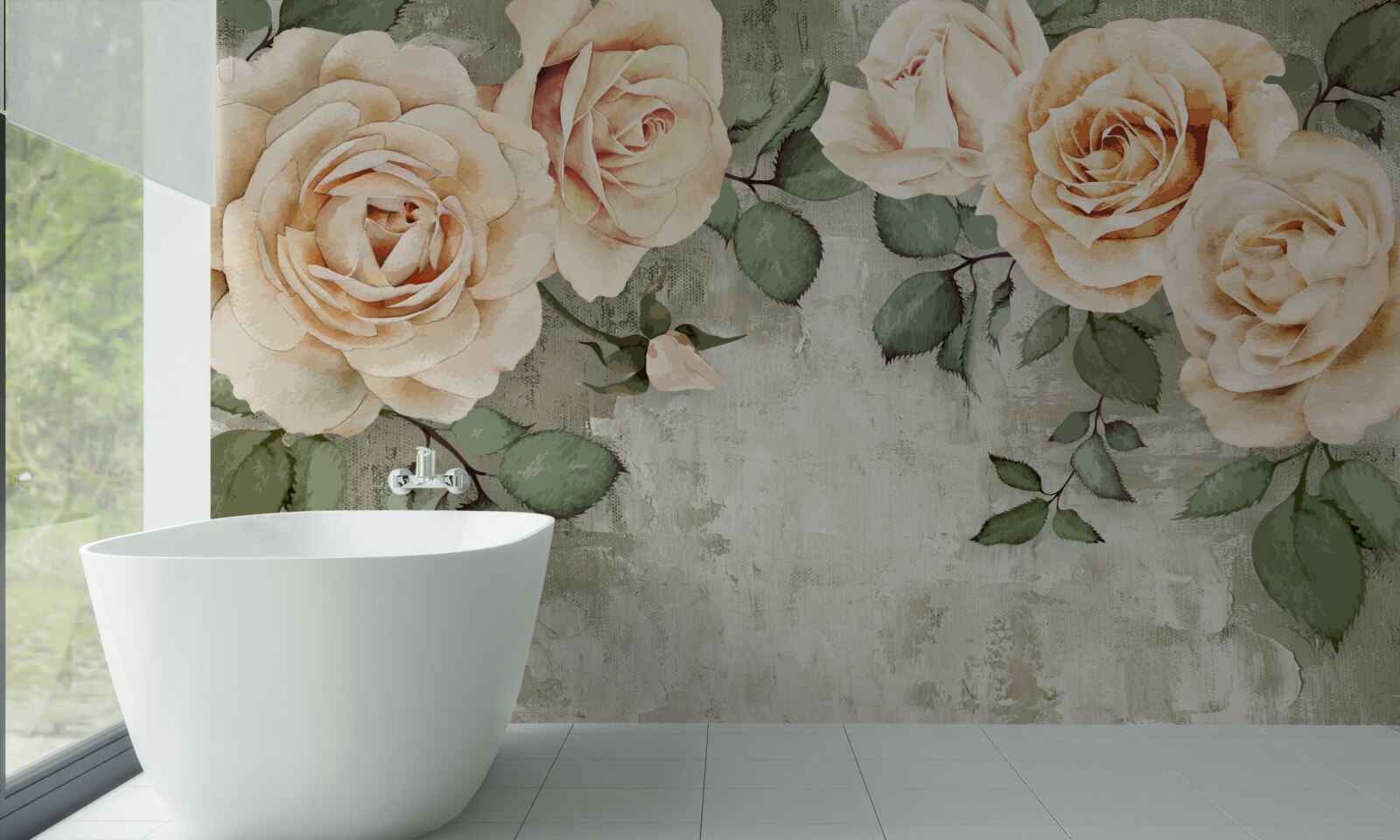 Papier peint roses crème à grandes feuilles vertes