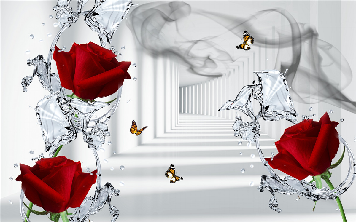 Papier peint des roses rouges et un couloir lumineux