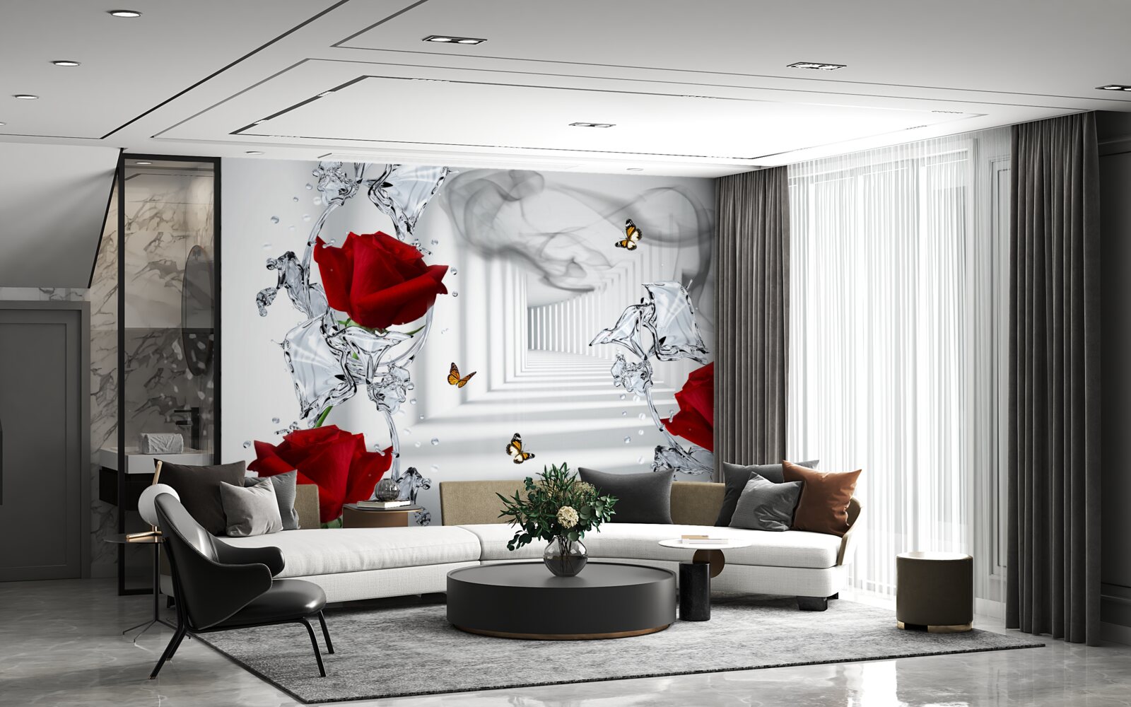Papier peint des roses rouges et un couloir lumineux