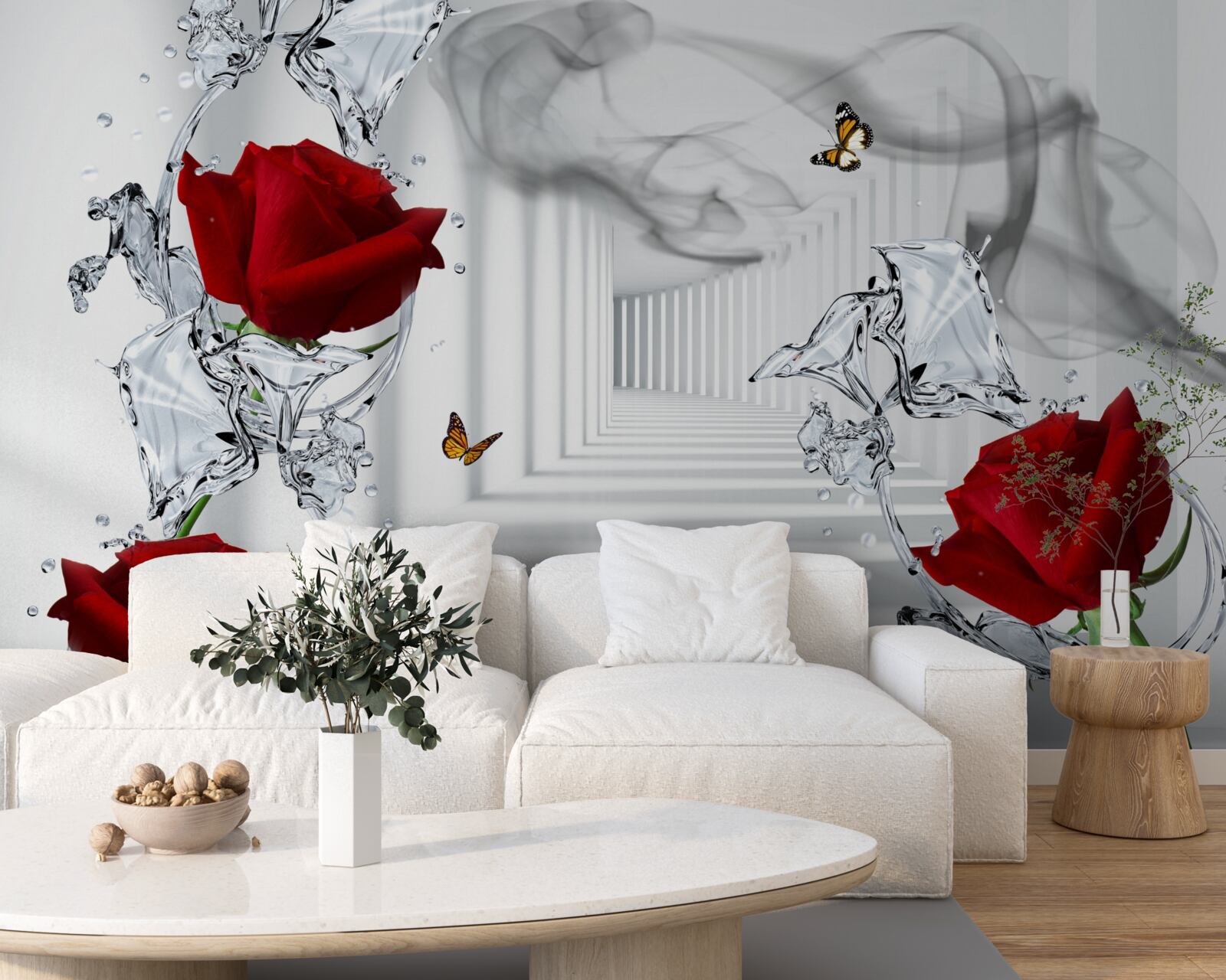 Papier peint des roses rouges et un couloir lumineux