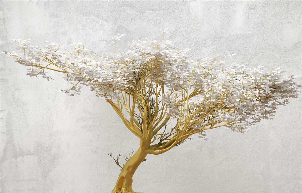 Papier peint un grand arbre avec de nombreuses branches décorées de fleurs blanches