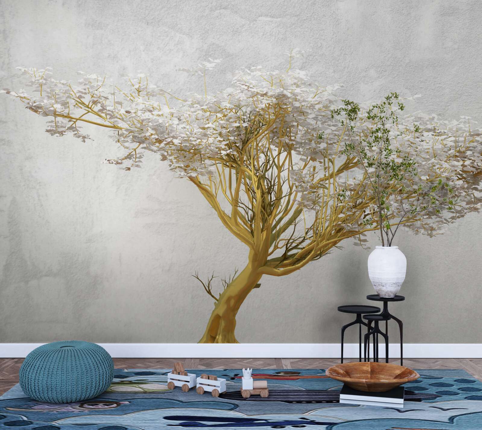 Papier peint un grand arbre avec de nombreuses branches décorées de fleurs blanches