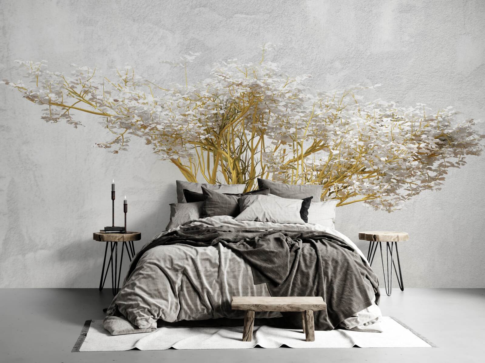 Papier peint un grand arbre avec de nombreuses branches décorées de fleurs blanches
