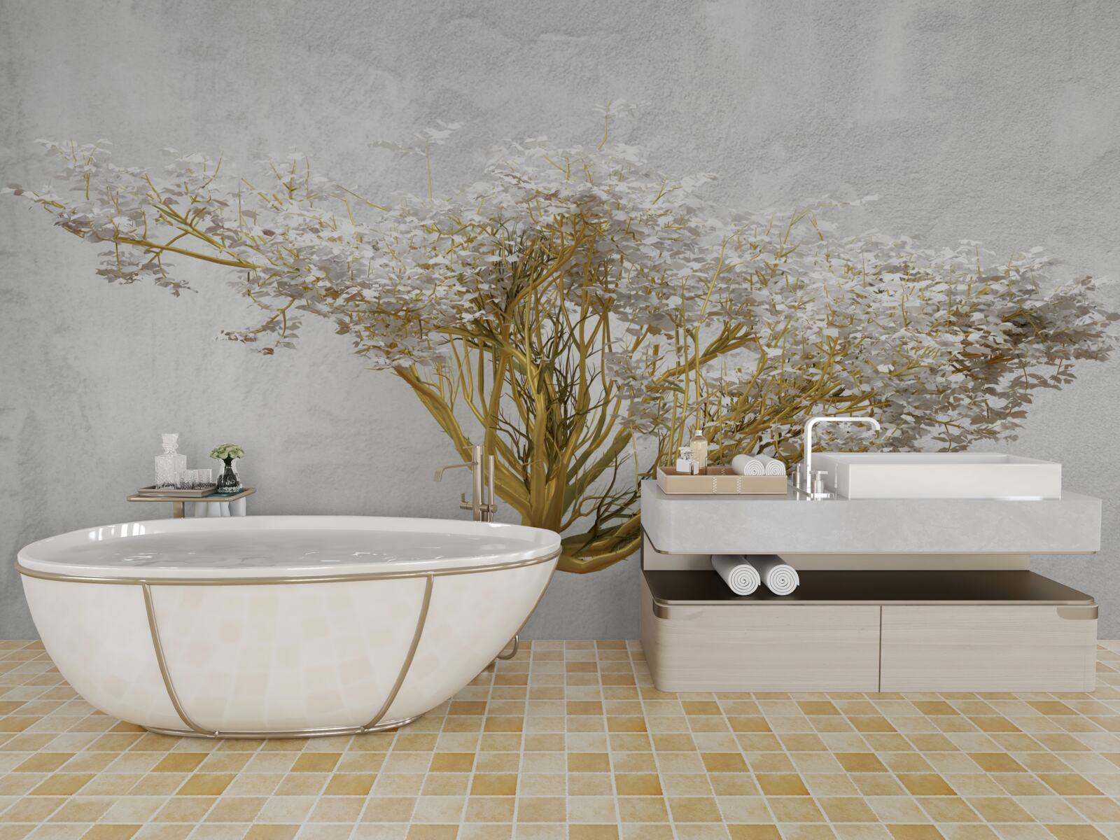 Papier peint un grand arbre avec de nombreuses branches décorées de fleurs blanches
