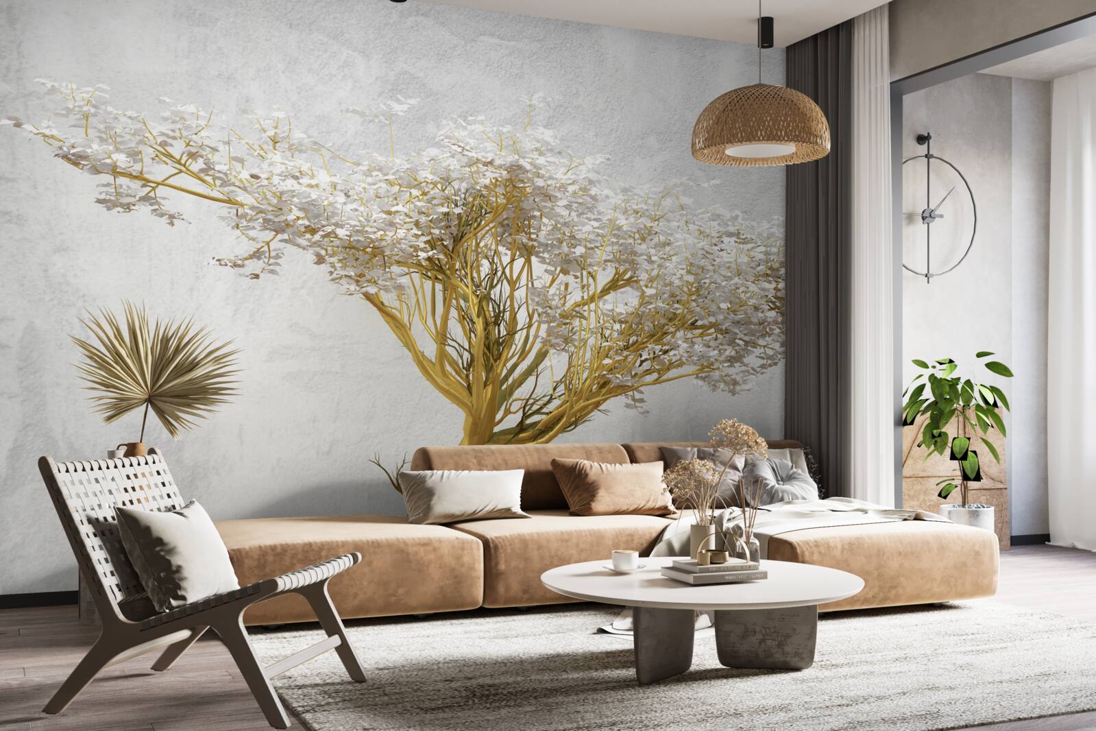 Papier peint un grand arbre avec de nombreuses branches décorées de fleurs blanches